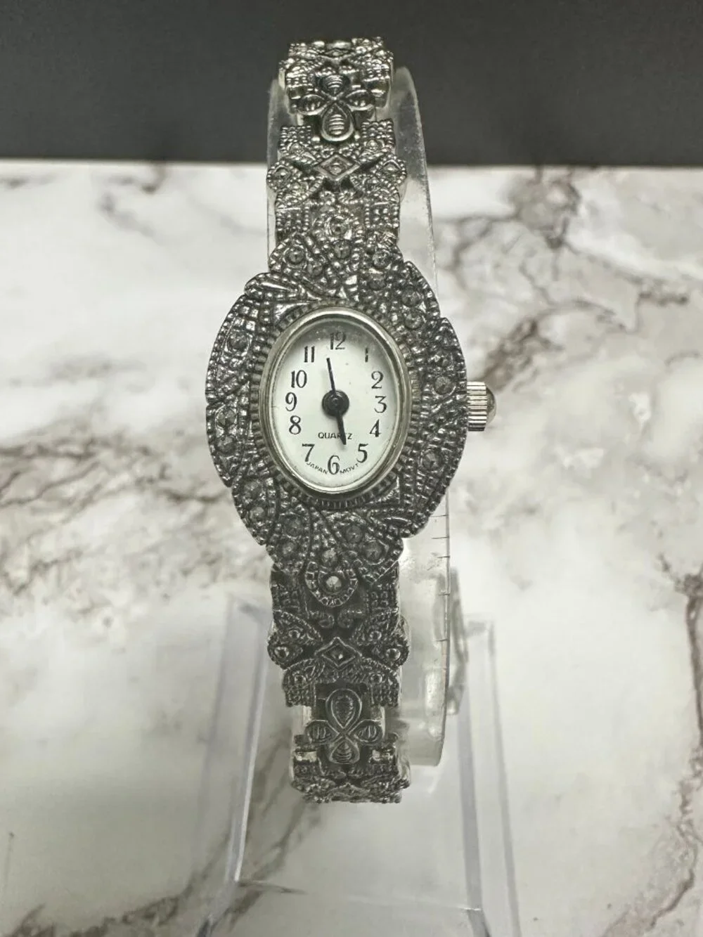 Marcasite Watch Silver Tone Oval Case Ornate Dressy New Battery 8 Inch